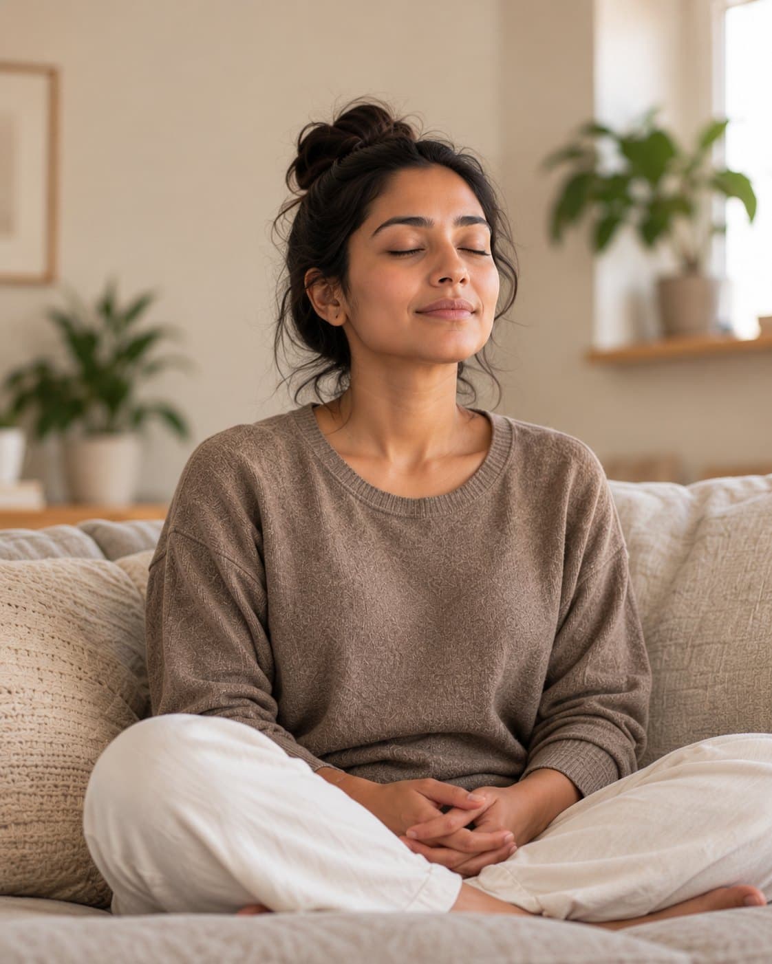 Woman sitting cross-legged on a couch with her eyes closed, breathing easy