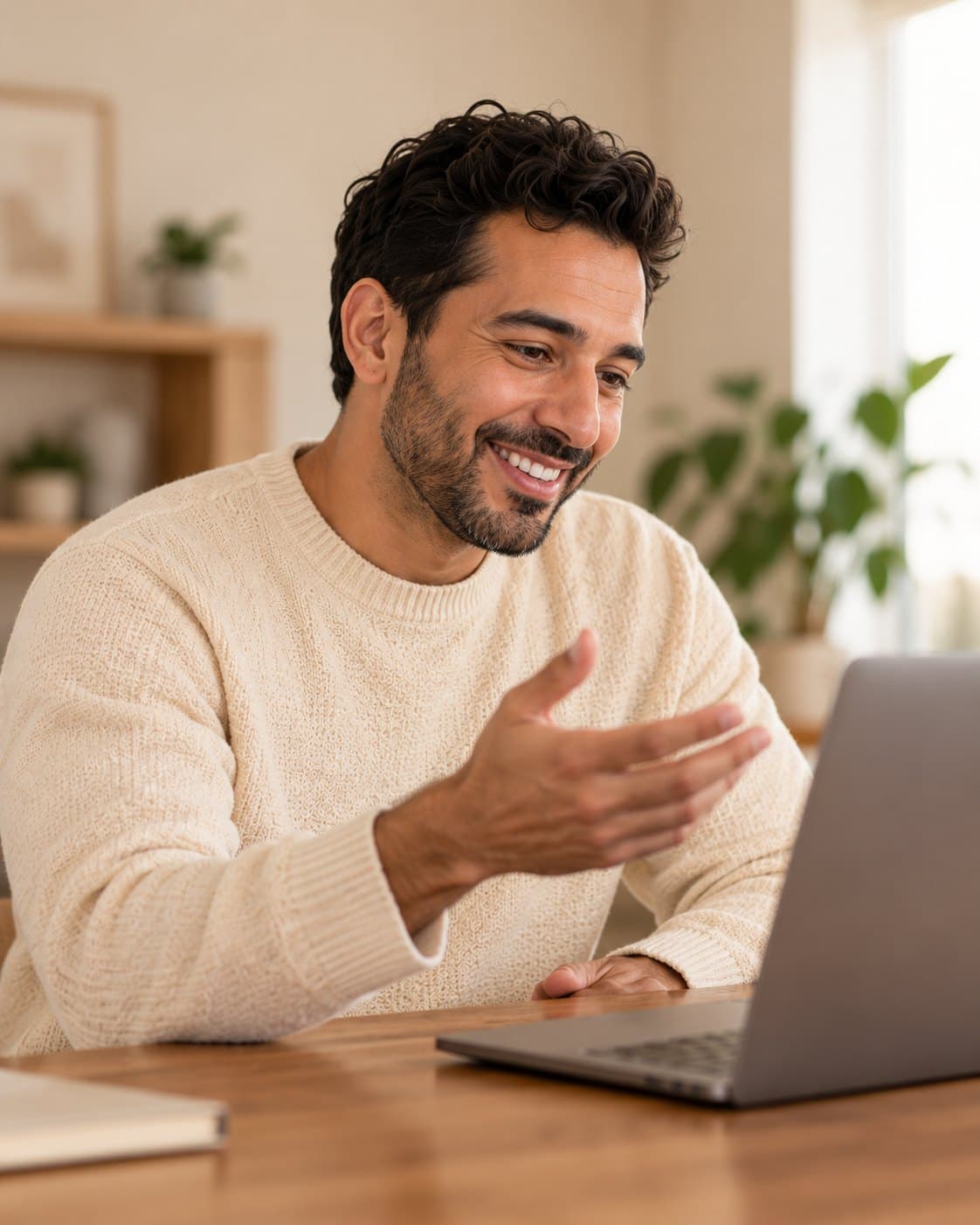 Man smiling and talking on a video call at his desk at home